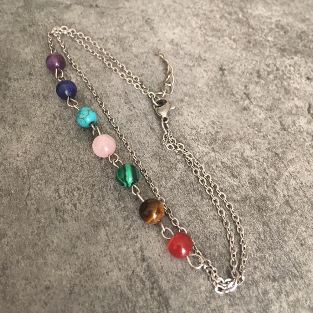 7 Chakra Anklet w/Natural Stones - Stainless Steel - Picture 4 of 8